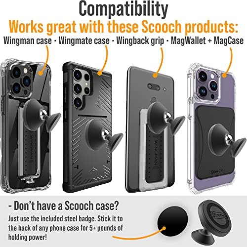 Магнитно закрепване за телефон Scooch за автомобил, съвместимо с всички смартфони [Wingmount], Силни магнити, Регулируем магнитен държач за телефон на арматурното табло на