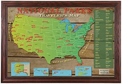 Карти за пътуване с бутони за Национален парк на САЩ в рамка от масивна дървесина Черешов цвят и щифтове - 27,5 инча