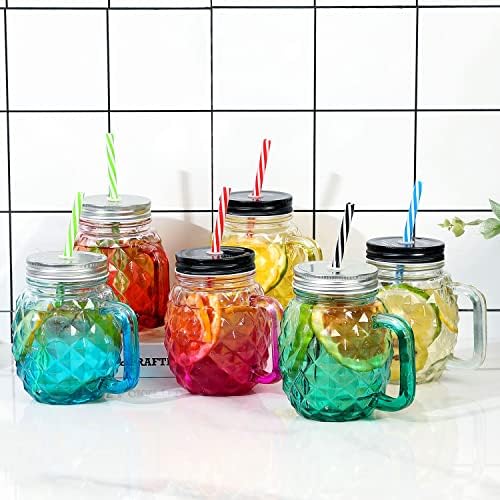 MyGift 17 грама, Стъклени Чаши с дръжки, Соломинками и Капаци - Цветни за Многократна употреба Чаши за пиене под формата на