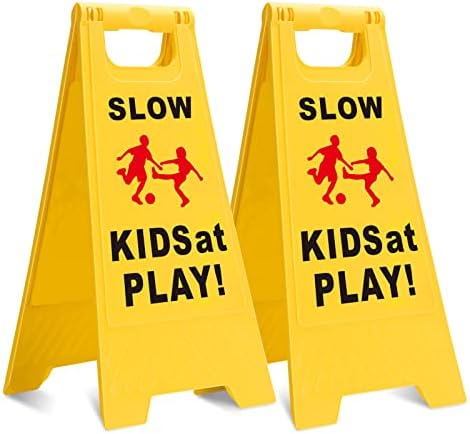 Знаци Бавни децата играят, 2 комплекта знаци за безопасност Деца играят, Текст и графики по-лесно да се идентифицират, Жълти