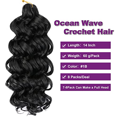 BelleShow Косата, свързани с кука с Океанска вълна, 14 инча, 8 опаковки, косата, свързани с кука с дълбока вълна, за черни жени, Дълбоки Къдрава Опашка, Вълнообразни Синтети