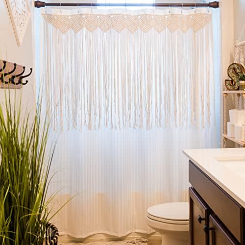 Завеса за душ SNUGLIFE Macrame - Бяла Завеса за душа в стил бохо с Декоративни ресни от Памучен четката за декори