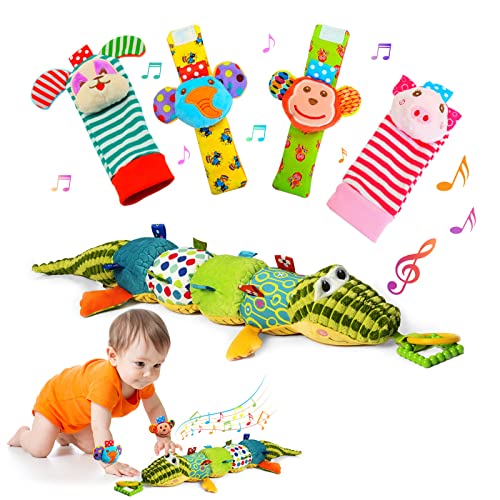 Jollybaby Детски Играчки 0 3 6 9 12 Месеца, Бебешки Играчки за корема с Погремушками, Кринкл, Музикални Играчки за бебета Момчета и Момичета Гъсеница (Alligator)