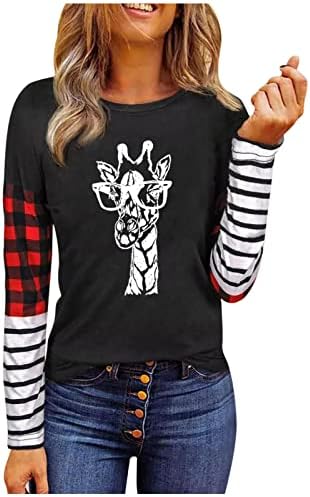 Модерен Дамски Годишна Ежедневна Тениска в клетка с кръгло деколте и дълъг ръкав в стил Мозайка, Блуза Свободно, Намаляване, Върхове