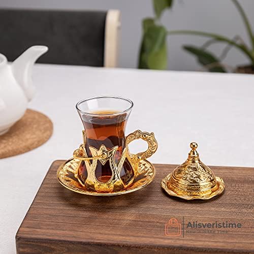 Сервировочный Набор от Alisveristime за турски Чай с Вода Ръчно изработени Zamzam, Чаши, Чиния, Поднос и Лъжица