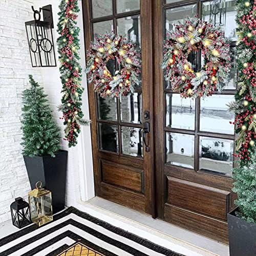 24-Инчов Коледен венец с подсветка WANNA-CUL за украса на входната врата с Матови Червени плодове и снежна изкуствена евро,