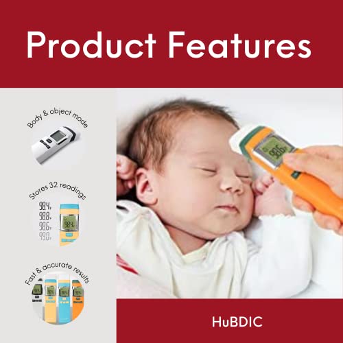 Безконтактен термометър за челото HuBDIC, Цифров инфрачервен термометър за възрастни и деца, Детски термометър с бърза и точна аларма за температурата, идеален за цял