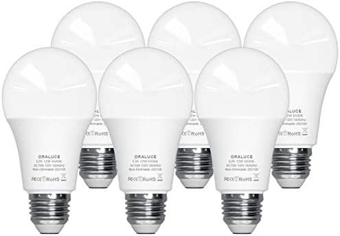Led лампа ORALUCE, A19, 12 W, еквивалент на 100 W, 120 В 1200ЛМ, студен Бял 6500 К, Средна база E26, Без регулиране на яркост, енергийно ефективен е в списъка на UL, 6 бр.