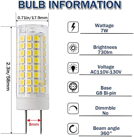 Крушки PIPIZHU G8 7 W, смяна на халогенна крушка от 75 Вата G8, led лампа AC120V 750lm G8 за кухня осветление, осветление под шкаф и осветление шайби Бяло 6000 К (5 бр)