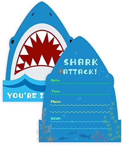 25 Опаковки Покани на парти в чест на рождения Ден на Shark в Пликове -Двустранни Покани под формата на попълване-Shark