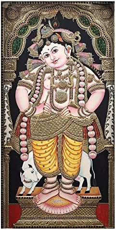Екзотична Индийска картина Наванита Кришна Танджоре Стои | Традиционните цветове С 24-Каратово злато | Рамка от Тиково дърво | Дка