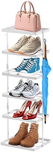 Бяла Вертикална Тесен рафт за обувки, за кабинет, 6 Нива Компактни Метални рафтове с Куки и рафт за съхранение