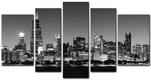 Комплект от 5 теми, монтиран на стената Арт гледка към хоризонта на Чикаго през нощта, платно в рамка Голям