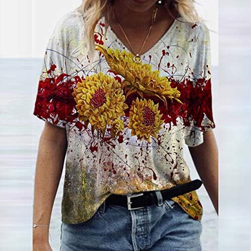 SMIDOW Дамски Модни Графични Блузи Летни Ежедневни 2023 Реколта Цветни Тениски с Къс ръкав V Образно деколте, Свободно Намаляване, Блузи