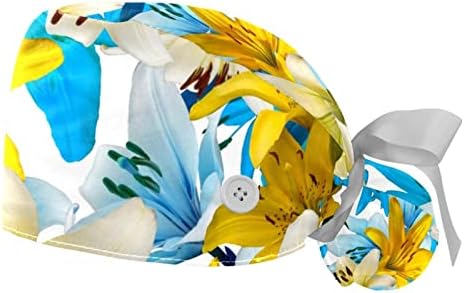 Ярки Синьо-Жълти Женски Работни Шапчица на цветчета с Бутони и тренировъчната лента, Обвързани отзад Еластична Превръзка