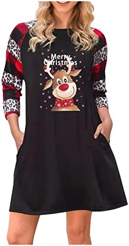 Swrowesi/ Дамски Ежедневни Просто Тениска с Коледните принтом и Дълъг ръкав, Свободно Рокля Трапецовидна форма, С кръгло деколте, Ежедневна рокля