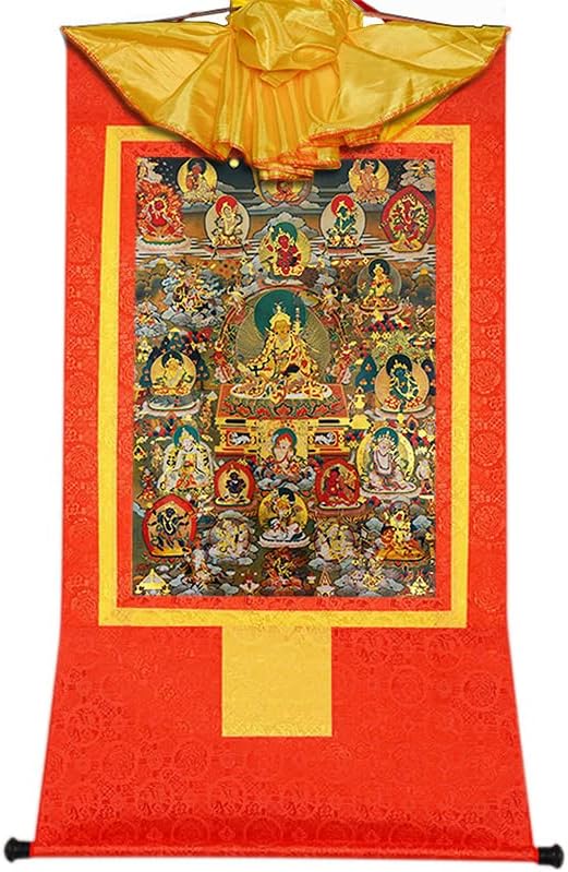 Гандханра Гуру - Свети Падмасамбхава и 23 Джамбалы, Богове на Богатството, Тибетски живопис Тханка, Будистка Брокат Тханка, Гоблен на Буда с Преобръщане
