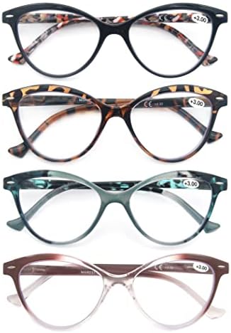Дамски очила за четене HEEYYOK, 4 опаковки, Очила за четене Cateye, Удобна за пролет контур за едно лице (1.75