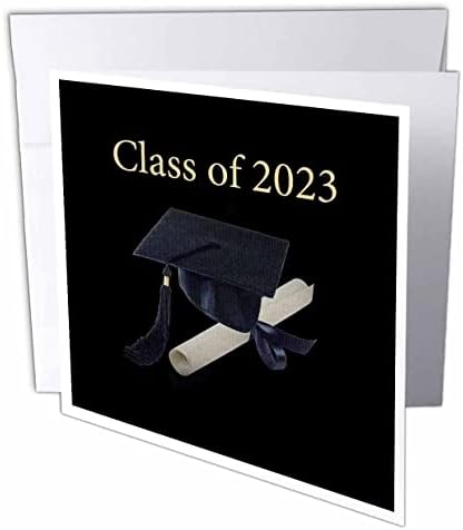 Триизмерно изображение на Бала шапки и диплома на черен фон, Випуск 2023 г. - Поздравителни картички (gc-374513-5)