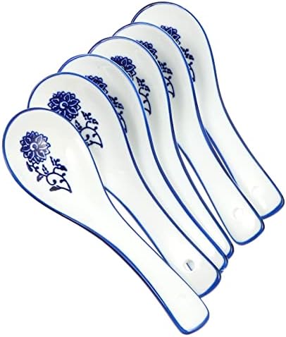 DOITOOL 6 бр. Керамични Суповые лъжици Китайски Сини Цветя Суповые лъжици Керамични лъжици с рисувани в формата