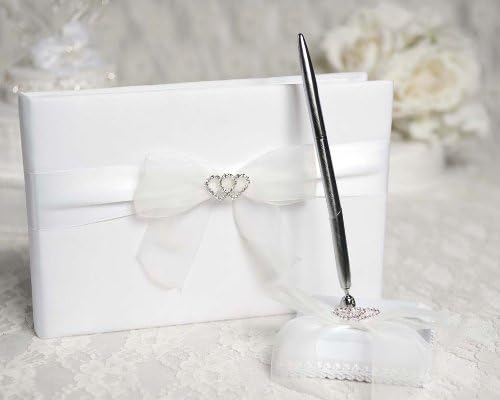 Набор от сватбени книги и дръжки със сърца от планински кристал: Цвят на комплекта: Бял / Сребро дръжка