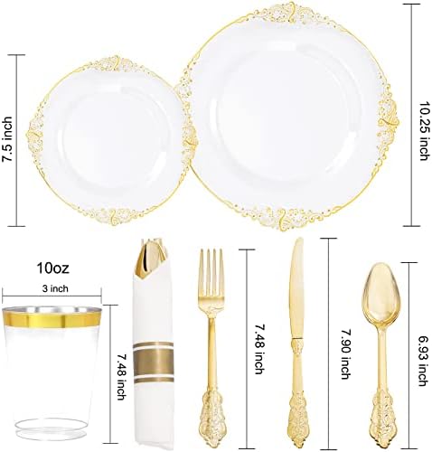 Hioasis 350 бр. Прозрачни Златни Пластмасови чинии - Златни чинии за Еднократна употреба за 50 гости Включва 50 места