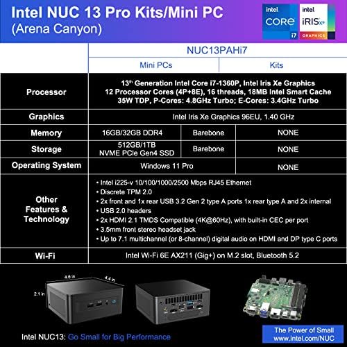 Intel NUC 13 Pro, NUC13ANHi7 Настолен мини КОМПЮТЪР за дома и бизнеса Barebone, процесор Core i7-1360P (12 ядра и 5.0 Ghz), графика Intel Iris Xe, 16 потоци, кеш L3 обем 18 MB (без ram / SSD / OS, са необходими доп?