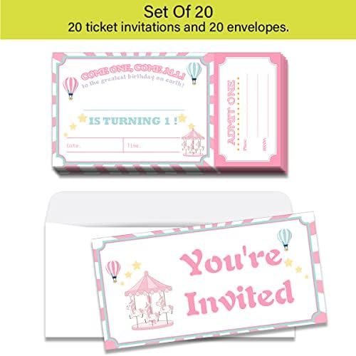 GUDIAO 20 Опаковки Розови Покани на Карнавал на 1-ви рожден ден с Конвертами, Билети за Карнавала в Първия ден на Раждането, за Момичета, картички Покани