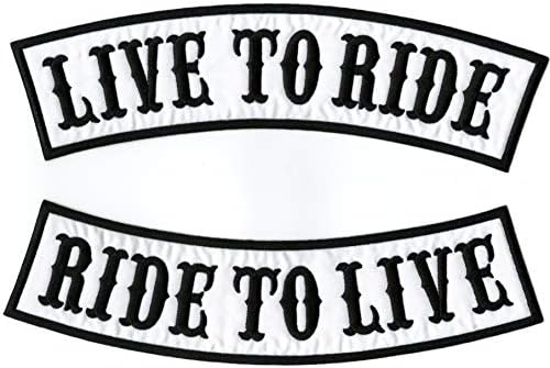 Живей, за да се вози, Ride to Live Рокерские ивици 12 | Голяма Бяла/Черна Бродирана нашивка на гърба Мотоциклетизъм