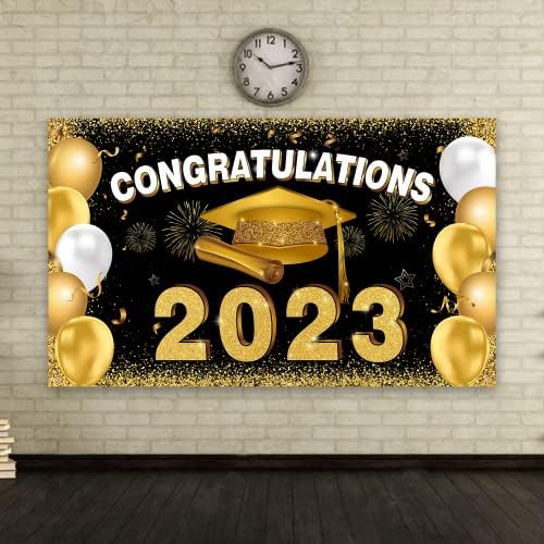 Декорация за абитуриентски 2023 г., Поздравляющий клас 2023 г., Фон - Черно и златни Бала Банер, Поздравительный фон