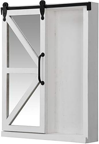 FirsTime & Co. Бял Огледален шкаф с врата на плевнята, Winona, За съхранение с рафтове за Баня, Кухня и офис,