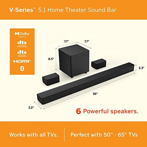 Звукова лента за домашно кино VIZIO V-Series 5.1 с поддръжка на Dolby Audio, Bluetooth, безжичен субуфер, гласов асистент, включва дистанционно управление - V51x-J6