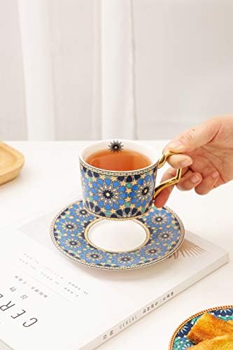Чаени чаши за Кафе-7,8 унция от Костен Порцелан Порцелан Красива Чаена Чаша с Подходящи чинии-Син