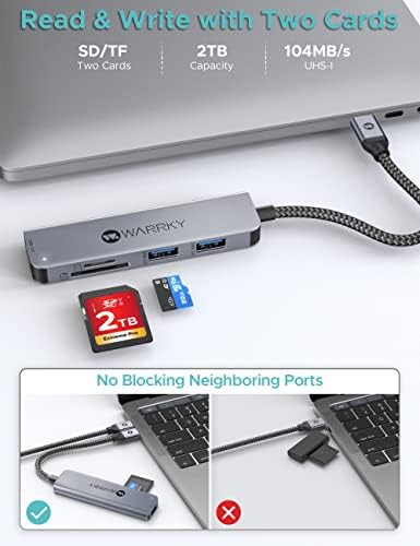 Четец за карти USB C-SD карти 5 в 1 с 3 порта USB 3.0 1 и четец на карти SD 7 в 1 с многопортовым адаптер-възел