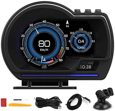 Централен дисплей, Qiilu Авто Централен Дисплей OBD2 + GPS Интелигентен Сензор за Кола HUD измерване на Скоростта Турбо Об/мин Аларма за Автомобил, Камион