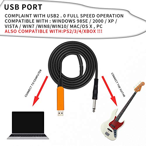 USB-Китара кабел 10 метра, жак за свързване на китара YESPURE USB с конектор 6,35 мм 1/4 инча с Позлатените TS-моно жак, Кабел за запис, Съвместим с PC, Mac, Xbox, PS4, PS3, PS2