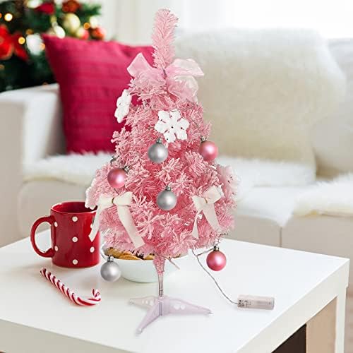 Alapaste 24-инчов Мини-Розово Коледно Дърво, Настолна Коледно Дърво със светлина и Орнаменти, Предварително Осветени