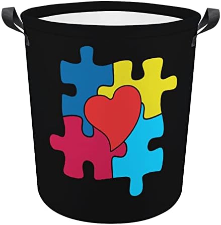 Информираността За Аутизма Сърцето Пъзел Кошници за Бельо с Дръжки Водоустойчив Сгъваема Кръгла Кошница За Дрехи, Кутия За Съхранение Органайзер