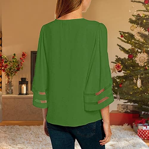 Ризи за жени, Удобна Горна Риза с V-образно деколте, Мрежест Топ С ръкави-Тръби, Ежедневните Коледни Дамски Летни Блузи, А-Зелен