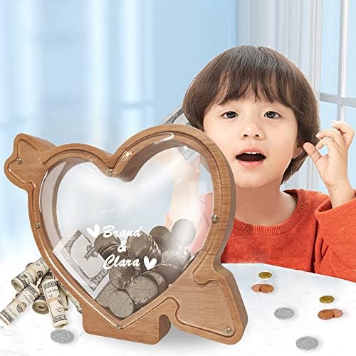 Дървена касичка, Персонални банка монети във формата на Сърце, Подаръци за двойки Бойфренду, подаръци за деца, семейства, двойки
