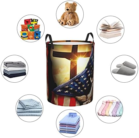Американски Християнски Кръст, Патриотичен Флаг, Кошница За Дрехи, Кръгова Чанта За Дрехи, Сгъваема Играчка Органайзер За
