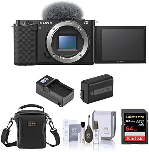 Корпус беззеркальной фотоапарат Sony ZV-E10, Черен Комплект с карта с памет SD с обем 64 GB, Чанта през рамо, Допълнителна Батерия, Компактно интелигентно зарядно устройств