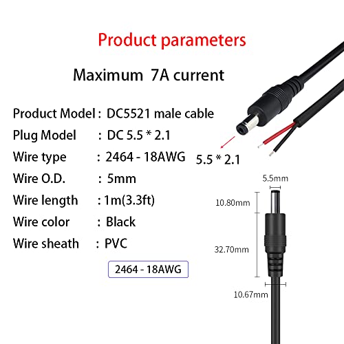 2 БР. Захранващ кабел за постоянен ток с гъвкави проводници, 3 метра за постоянен ток, 5.5 mm x 2,1 мм, Включете DC099, Изход