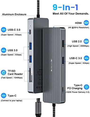 Хъб USB C, адаптер Tiergrade 9 в 1 USB C с 4K, HDMI, 100 W PD, 3 порт за пренос на данни USB A и USB-C 3.0, USB 2.0, четец на карти TF / SD, зарядно устройство, USB C за MacBook и други устройства Type-C.