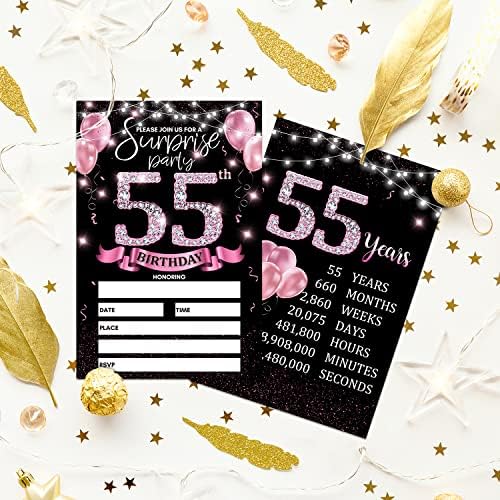 покана карта на парти в чест на 55-годишнината на Покани от розово злато с надпис рожден Ден На гърба, Двустранните