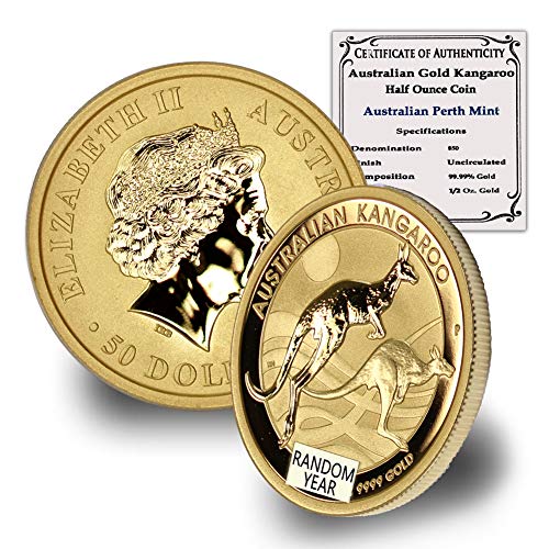 1990 - до Сега (Случаен година) е Австралийска златна монета под формата на кенгуру тегло 1/2 унция, Брилянт, без лечение (в капсули), със сертификат за автентичността на