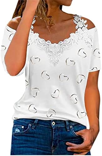 Лятна Есенна Блуза-Тениска за момичета с открити рамене, Лейси Памучен Тениска Vneck Фоайе с Къс Ръкав, UZ UZ