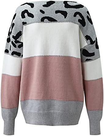 Пуловер с Кръгло деколте, Потници за Жени, Цветен Блок Свободна Блуза с Леопардовым Принтом, Вязаный Пуловер