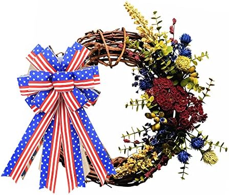 Голям Патриотичен лък Венец на 4 юли Декор Американски флаг Лък за вътрешна и външна употреба Червени, Сини, бели Звезди В Ивицата Грим Лък-овесена каша, Ден на Незав