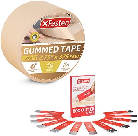 Опаковъчна лента от ламинирани крафт-хартия, подсилена XFasten, в размер на 2,75 инча x 375 Метра, с Подвижни кутиеобразно нож и безопасни стъргало (комплект от 12 броя)